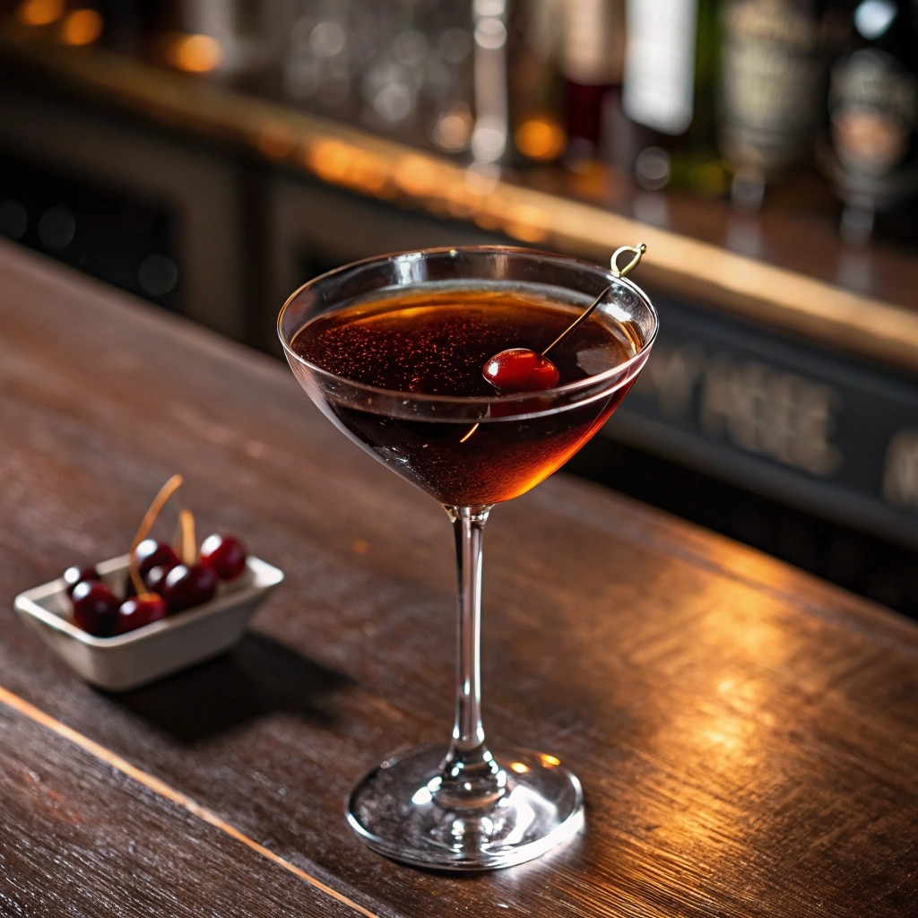 A freshly made Black Manhattan cocktail served in a chilled coupe glass