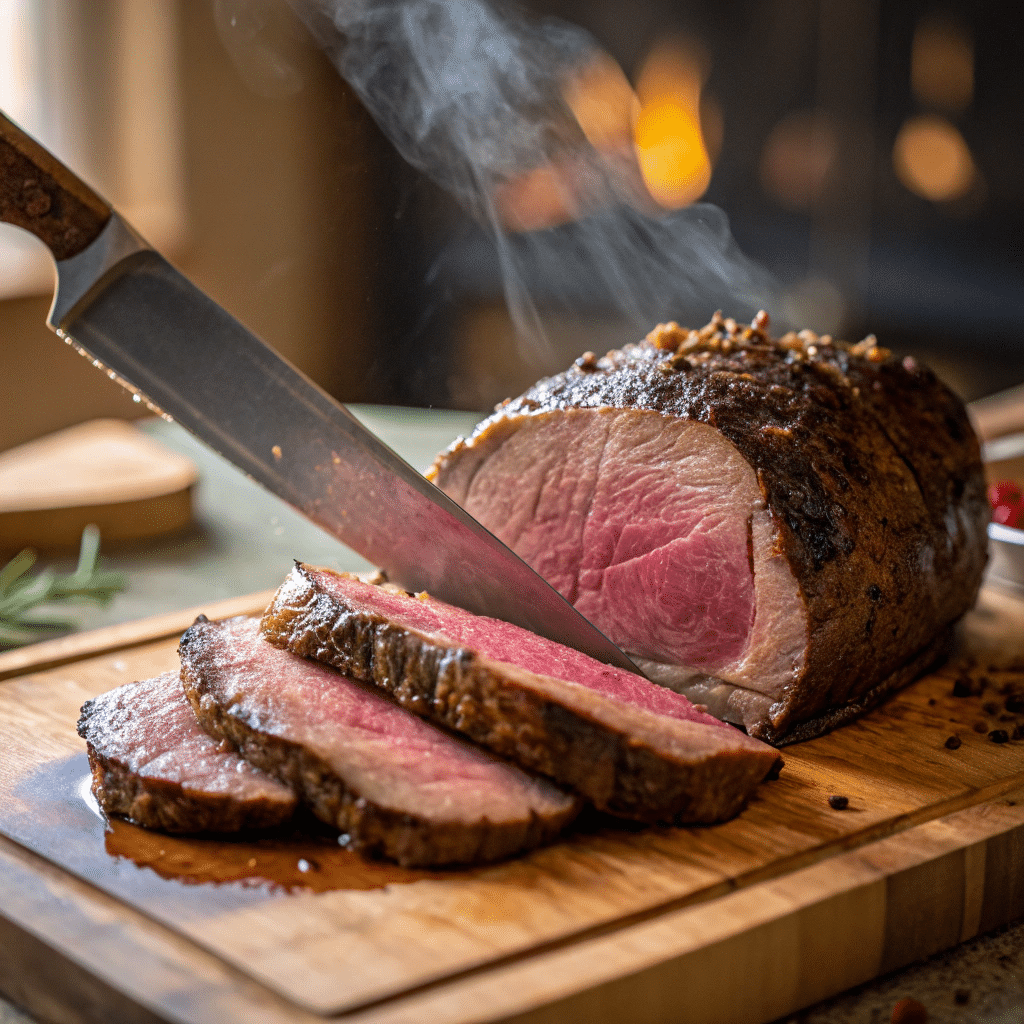 elk roast being sliced, with visible juices and pink center