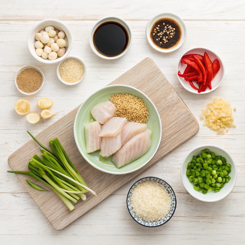 ingredients for fishcakes and scallop stir-fry