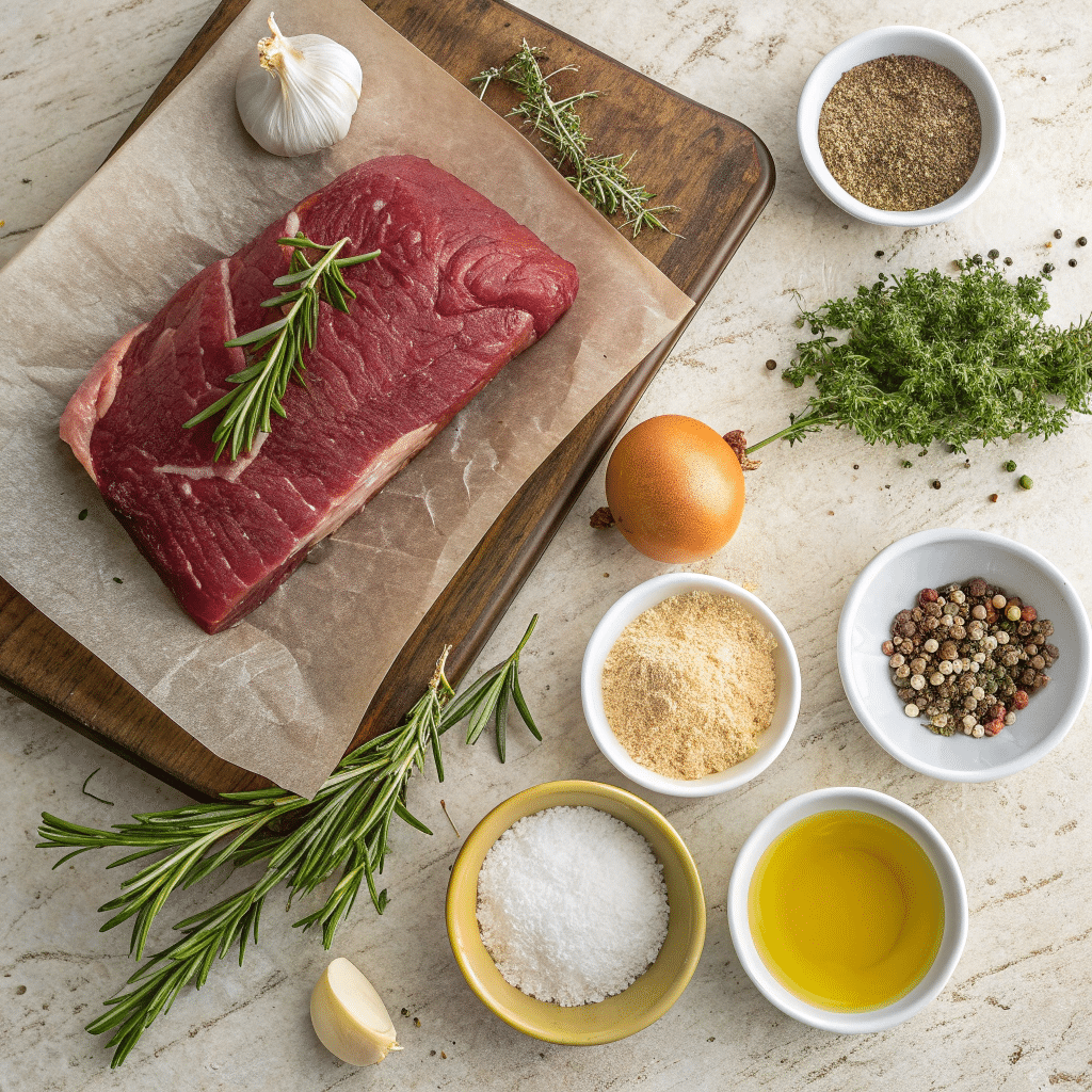 raw elk roast, olive oil, garlic powder, onion powder, fresh rosemary, thyme, salt, and pepper on a rustic kitchen countertop