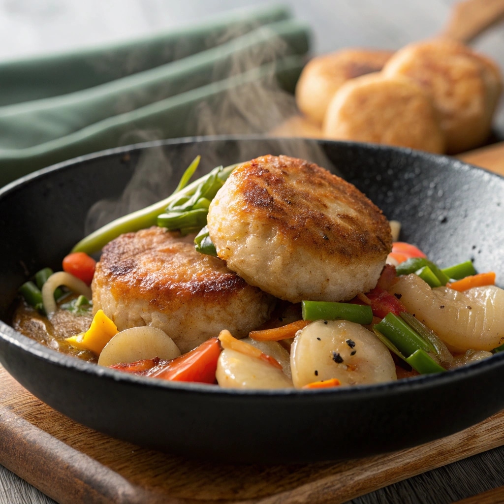 the fishcakes and scallops stir-fry plated in a matte black shallow bowl