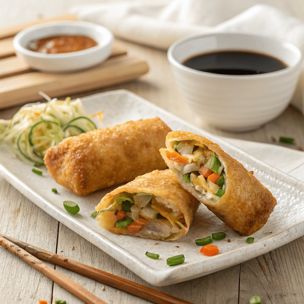 reshly fried veggie egg rolls on a white ceramic plate with dipping sauce on the side