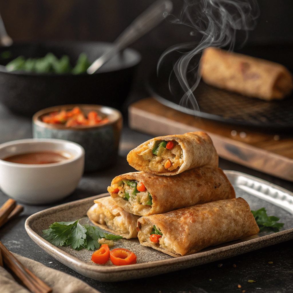 veggie egg rolls stacked with steam rising off the fresh batch