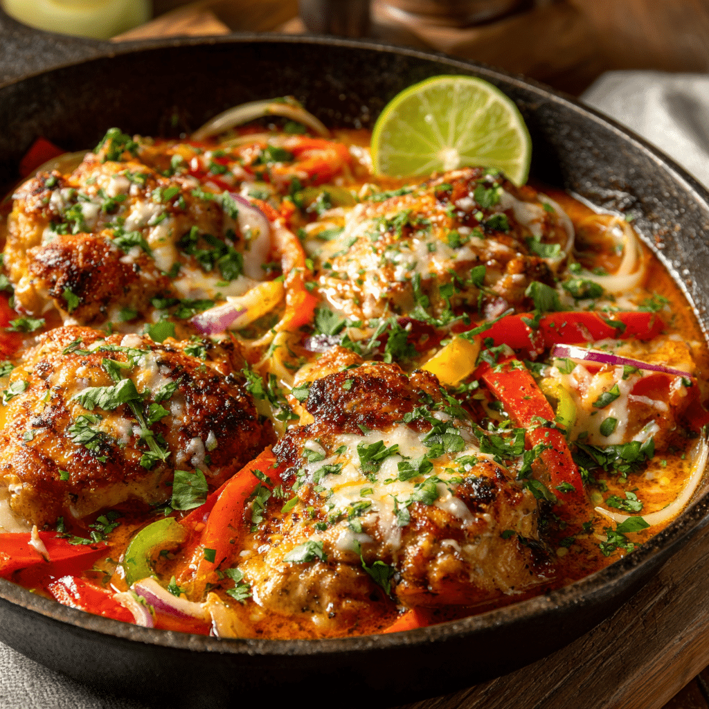 A freshly cooked Acapulco chicken dish in a rustic cast iron skillet