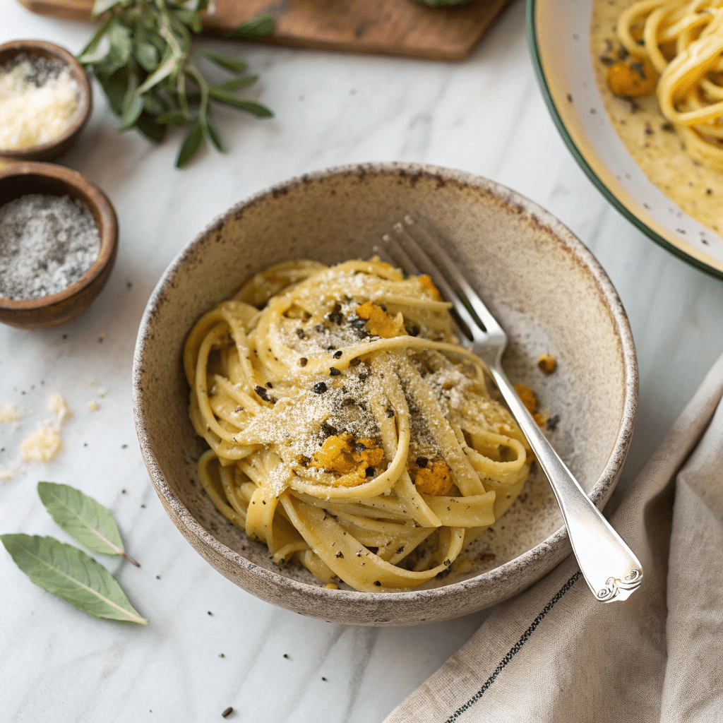creamy acorn squash pasta plated in a rustic bowl on a marble countertop