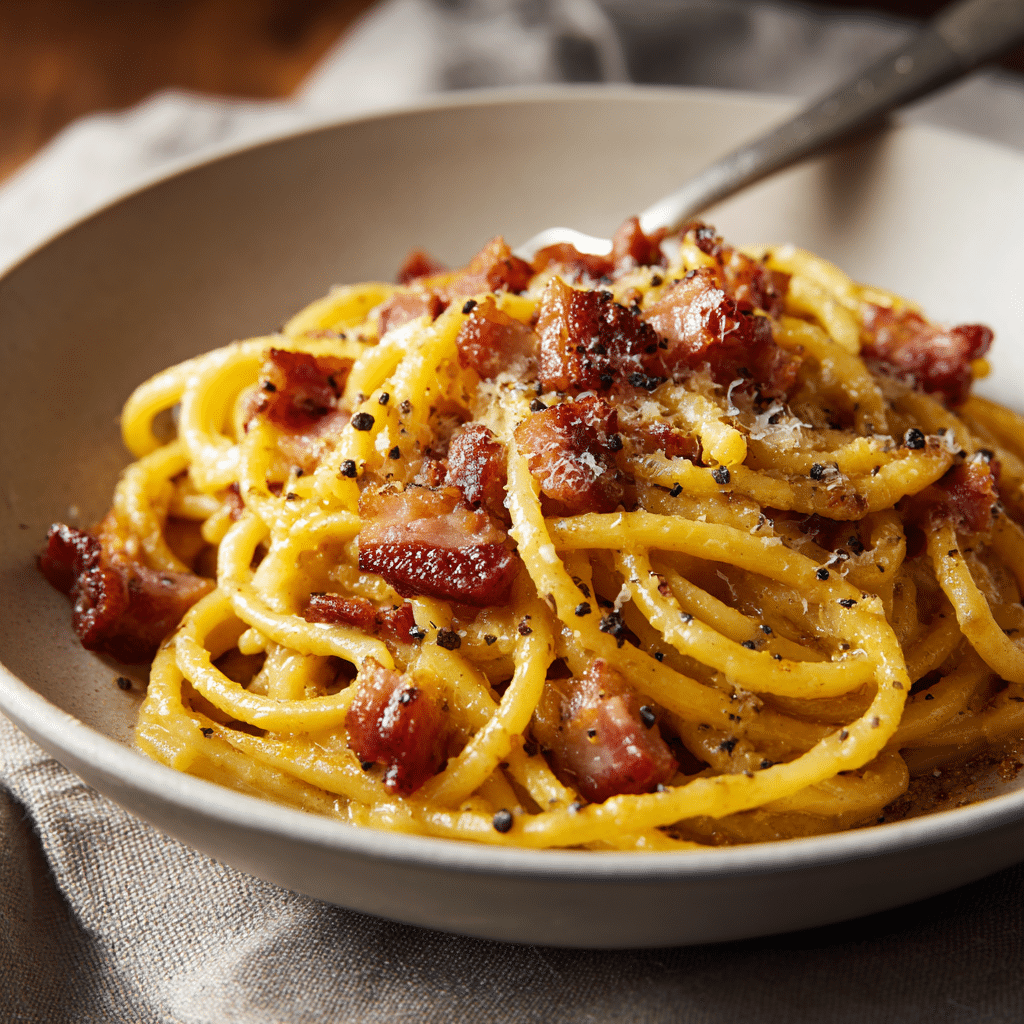A close-up side angle of Pasta alla Gricia