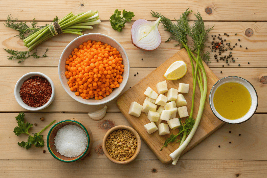 Ingredients of Spiced Lentil and Turnip Soup