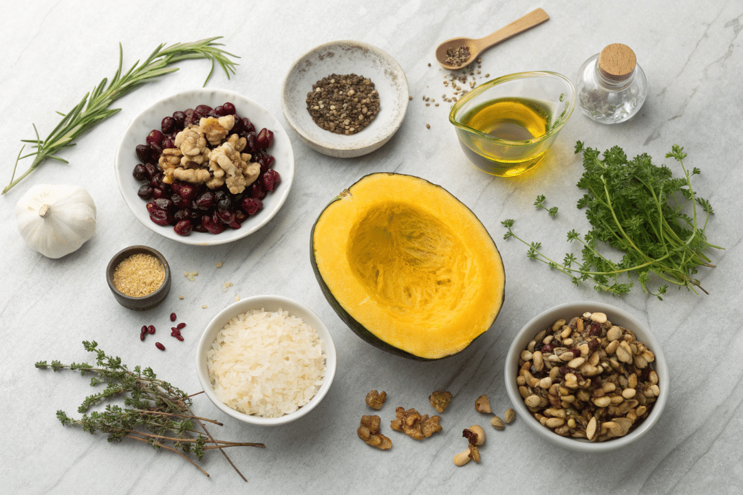 Ingredients of rice stuffed acorn squash recipe