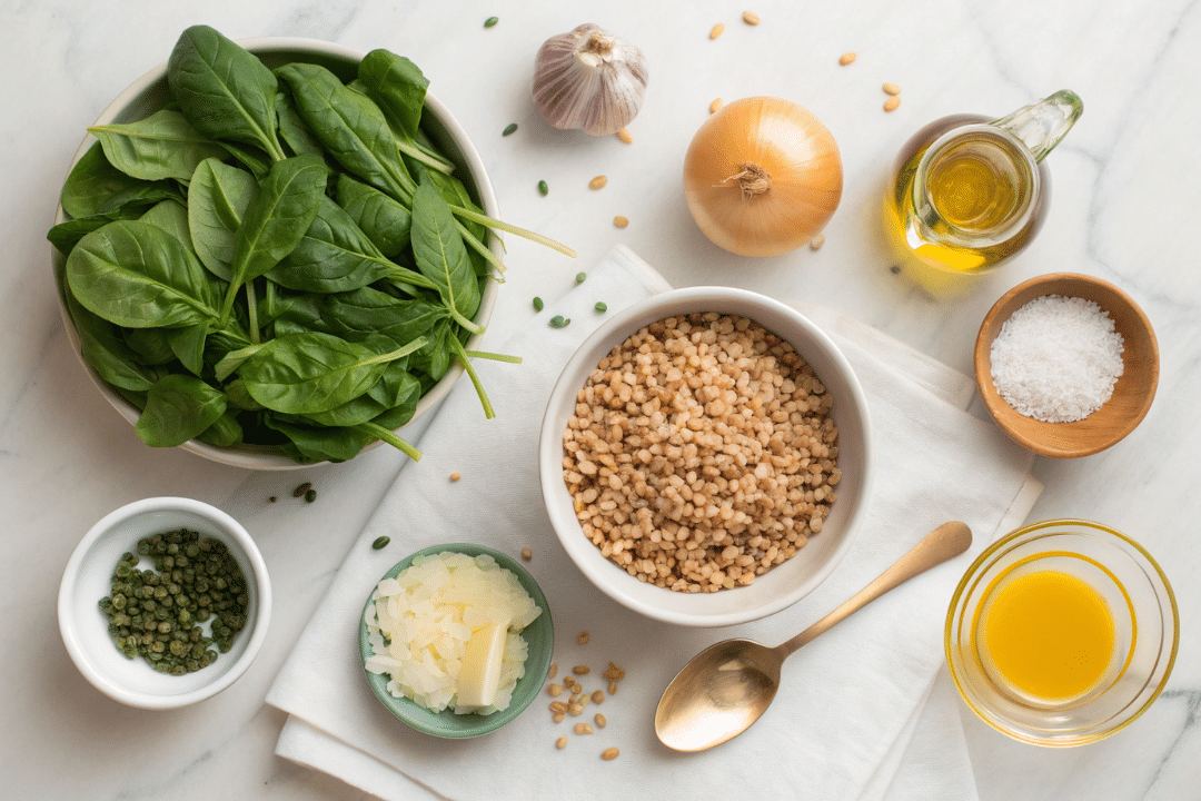 Ingredients of Creamy Farro Risotto with Spinach Recipe