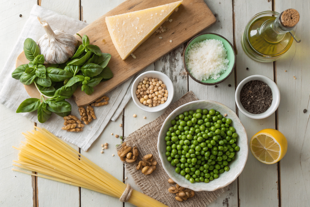 Ingredients of Green Pea Pesto Pasta