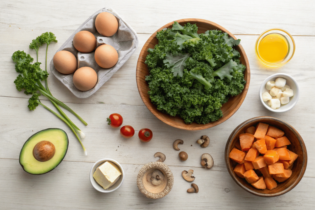 Ingredients of Kale and Egg Breakfast Bowls