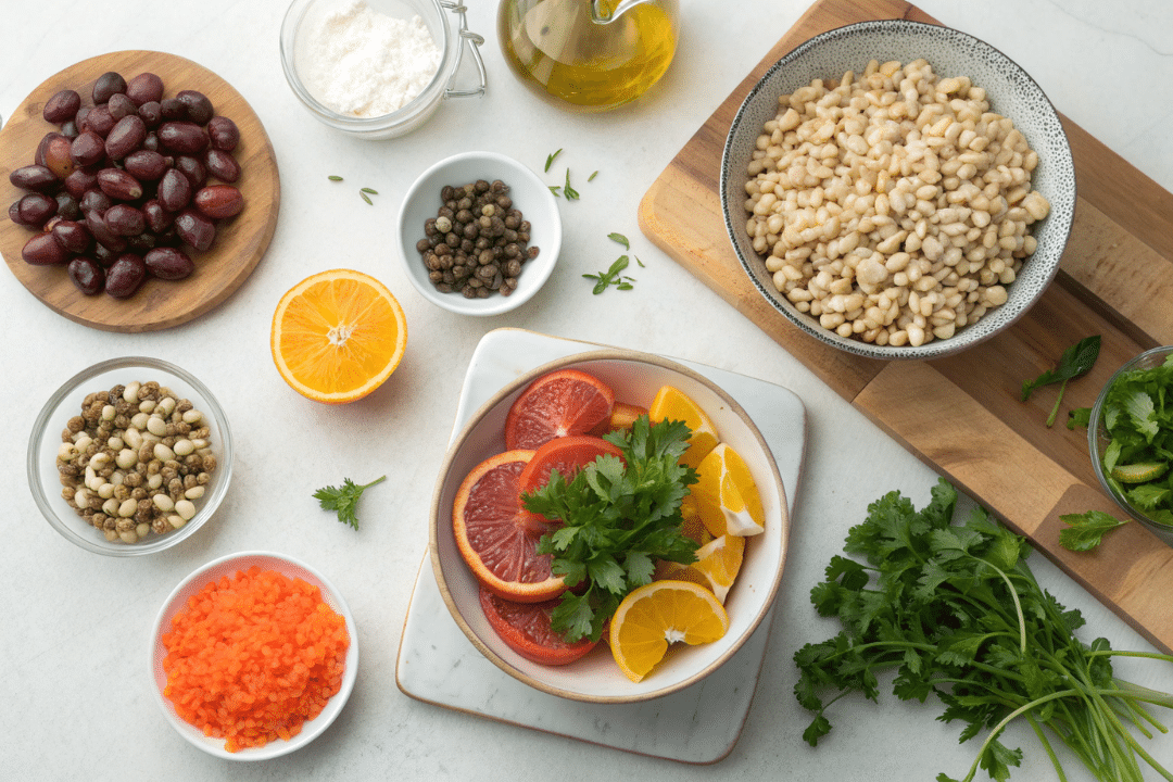 Ingredients of Citrus-Marinated Olive Farro Salad