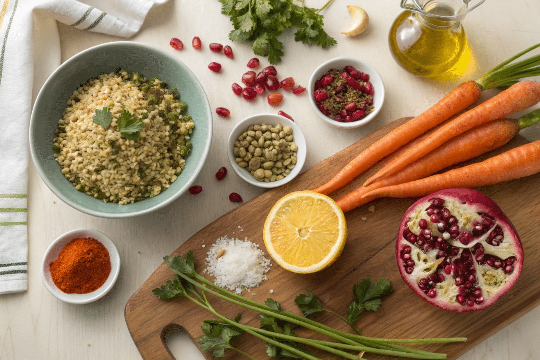 Ingredients of Roasted Carrot Freekeh Bowl with Pistachio Recipe