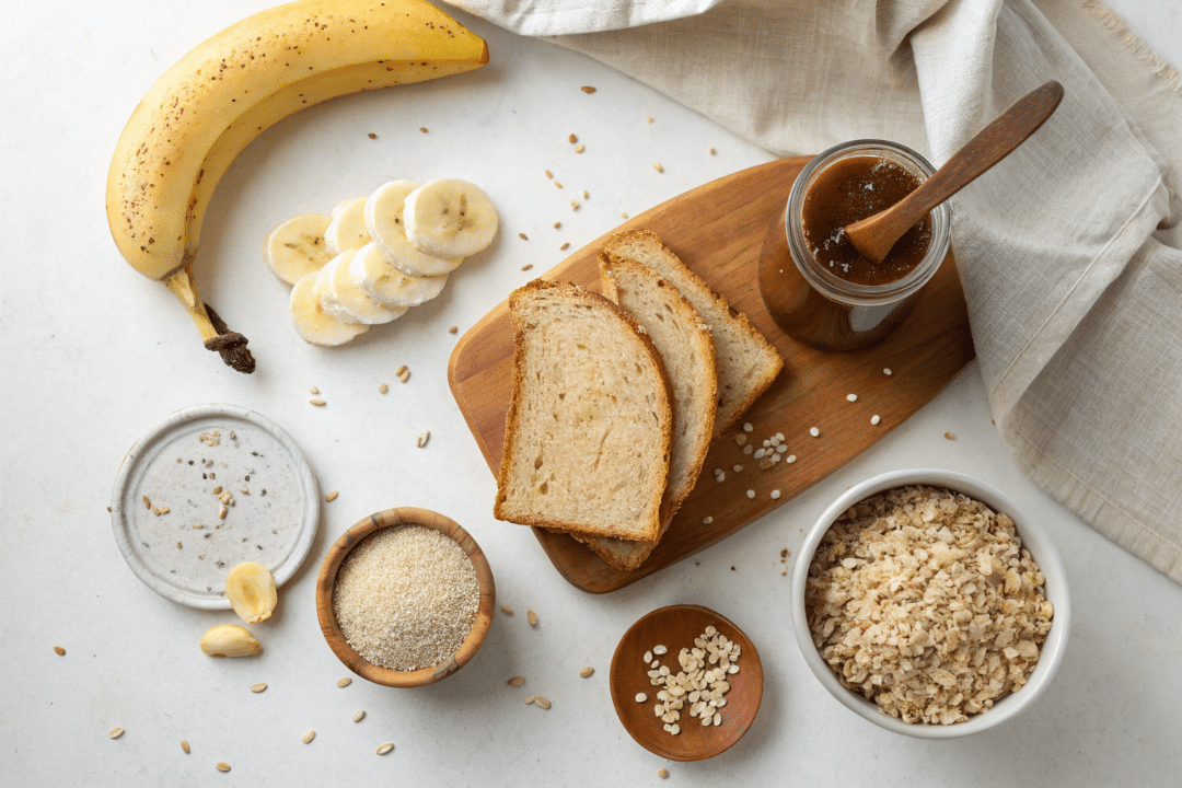 Ingredients of Tahini Banana Toast with Date Syrup