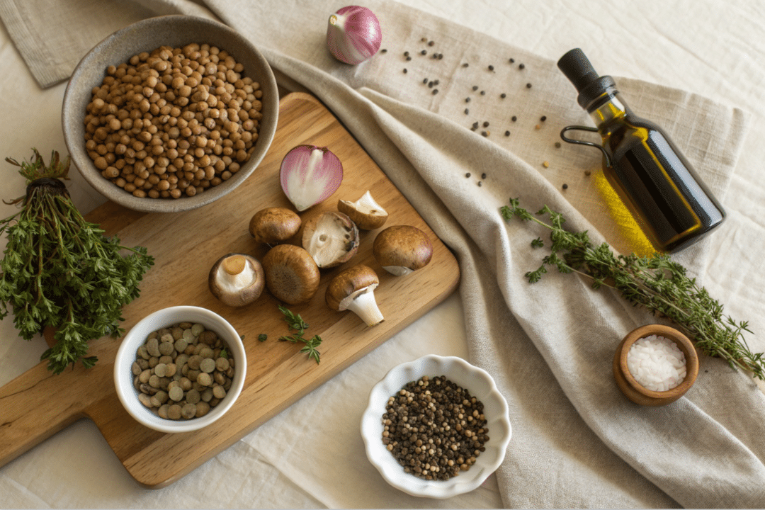 Ingredients of Warm Lentil Mushroom Salad with Thyme Recipe