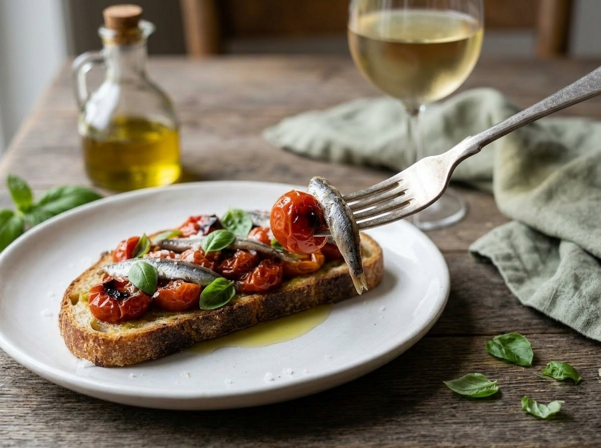 Hand holding a slice of roasted tomato anchovy sourdough toast with wine and olive oil bottle in background