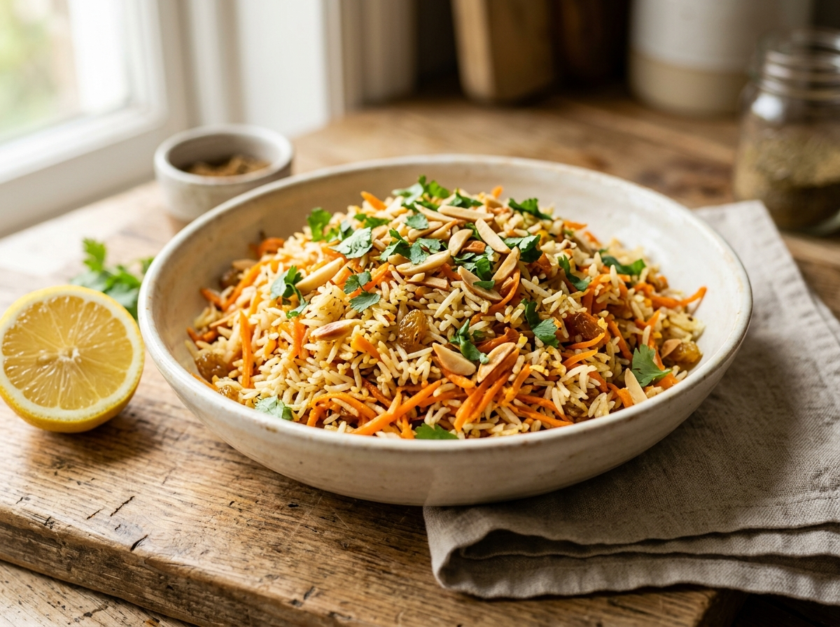 Spiced carrot almond pilaf in a ceramic bowl with toasted slivered almonds and fresh cilantro on a wooden board