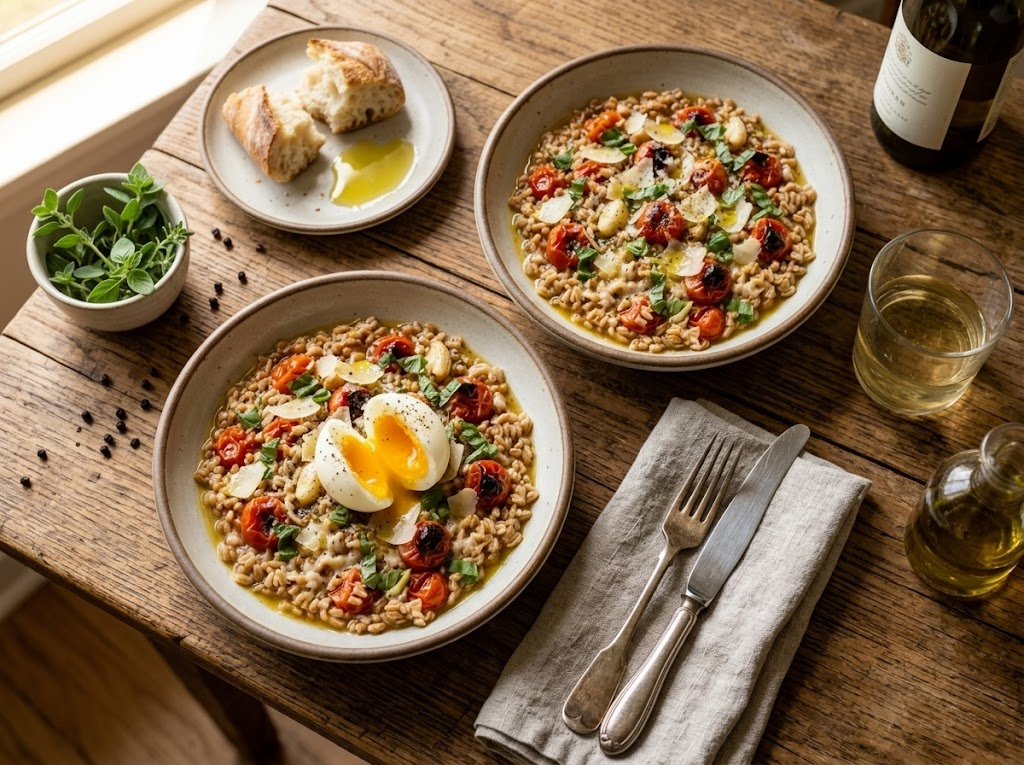 Two bowls of herb roasted tomato farro on a wooden table, one topped with a jammy soft-boiled egg and fresh basil