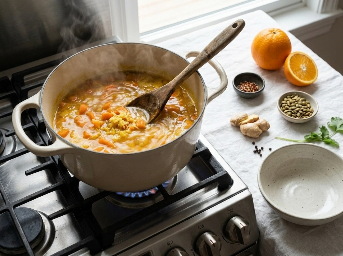 Chopped carrots and grated ginger simmering in vegetable broth in a large saucepan on the stovetop