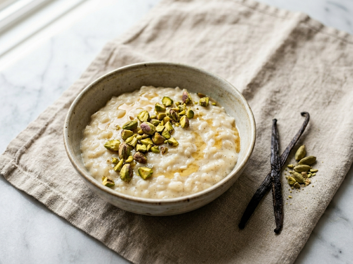 Two bowls of vanilla cardamom rice pudding topped with chopped pistachios and honey on marble surface