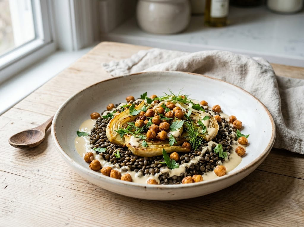 Warm fennel lentil lunch plate with roasted fennel, crispy chickpeas, and lemon tahini drizzle in a ceramic bowl