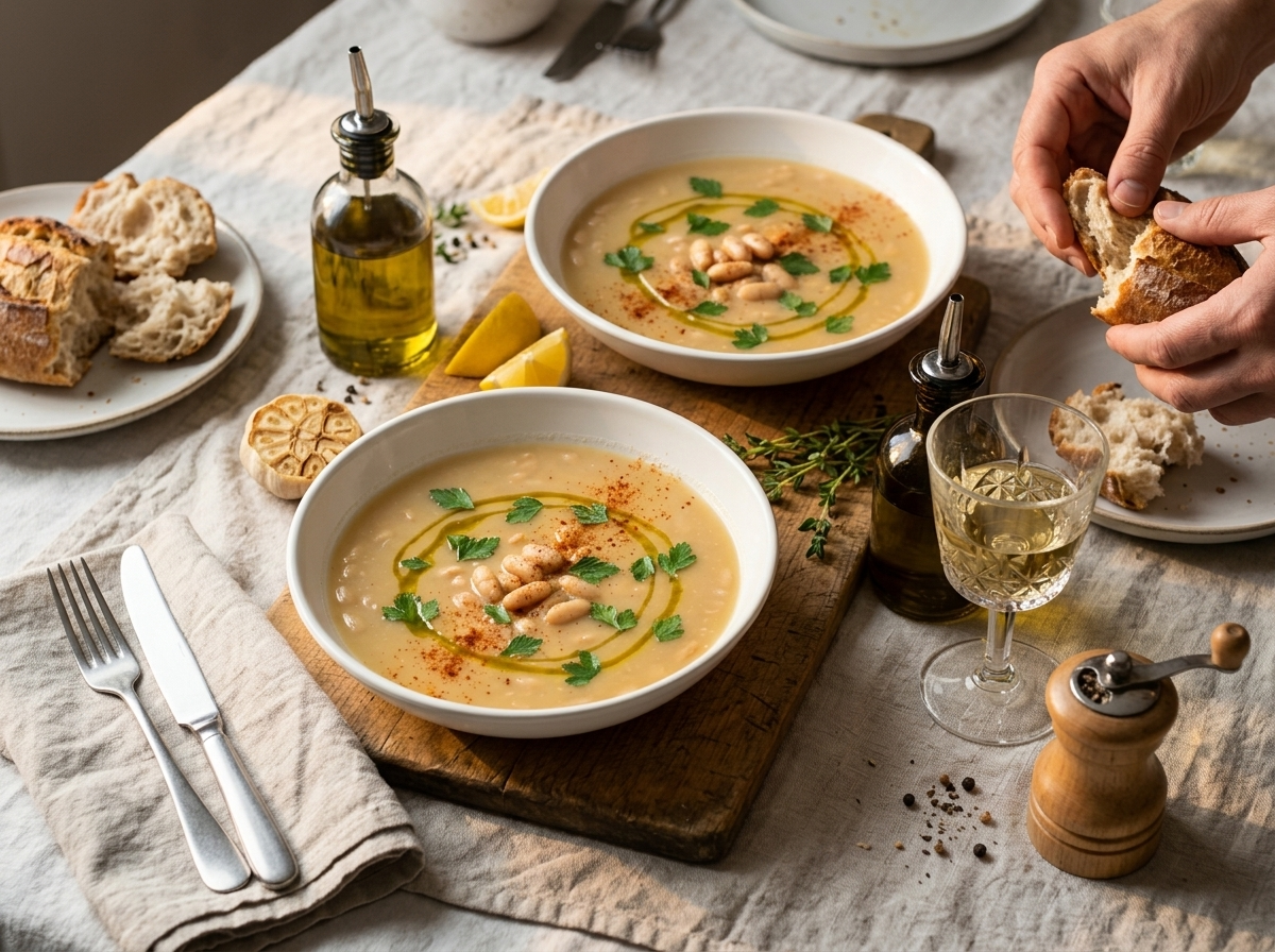 Two bowls of white bean broth on a linen table with olive oil bottle, wine glass, and torn sourdough bread