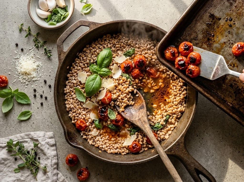 Blistered roasted cherry tomatoes being stirred into cooked farro in a saucepan with tomato juices visible