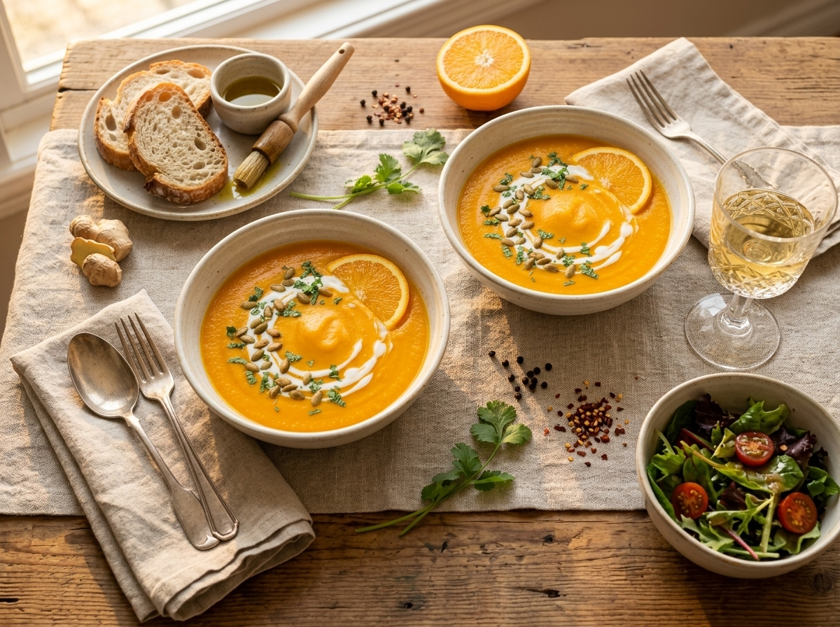 Two bowls of bright orange carrot ginger soup on a wooden table with fresh orange halves and linen napkin