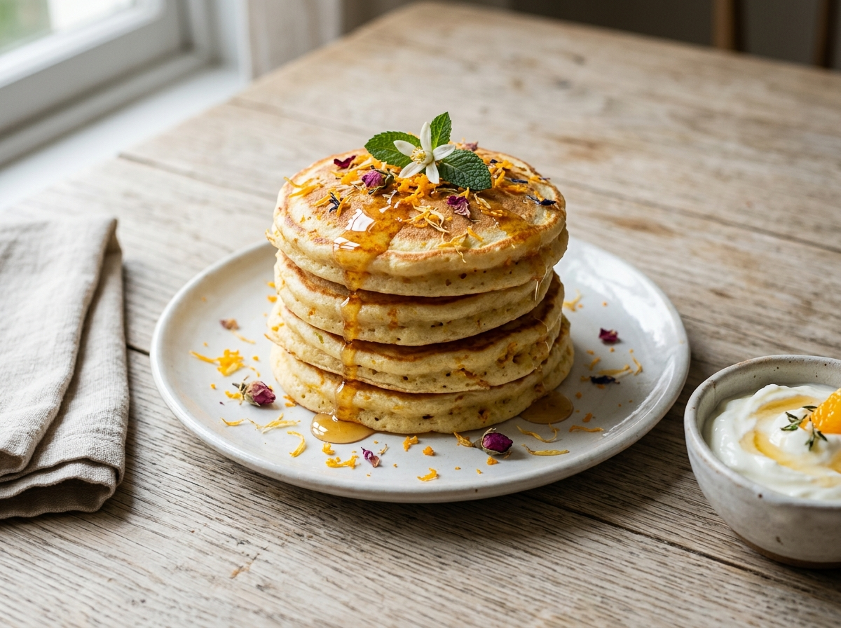 Stack of fluffy orange blossom breakfast pancakes with honey drizzle and orange zest on a white ceramic plate