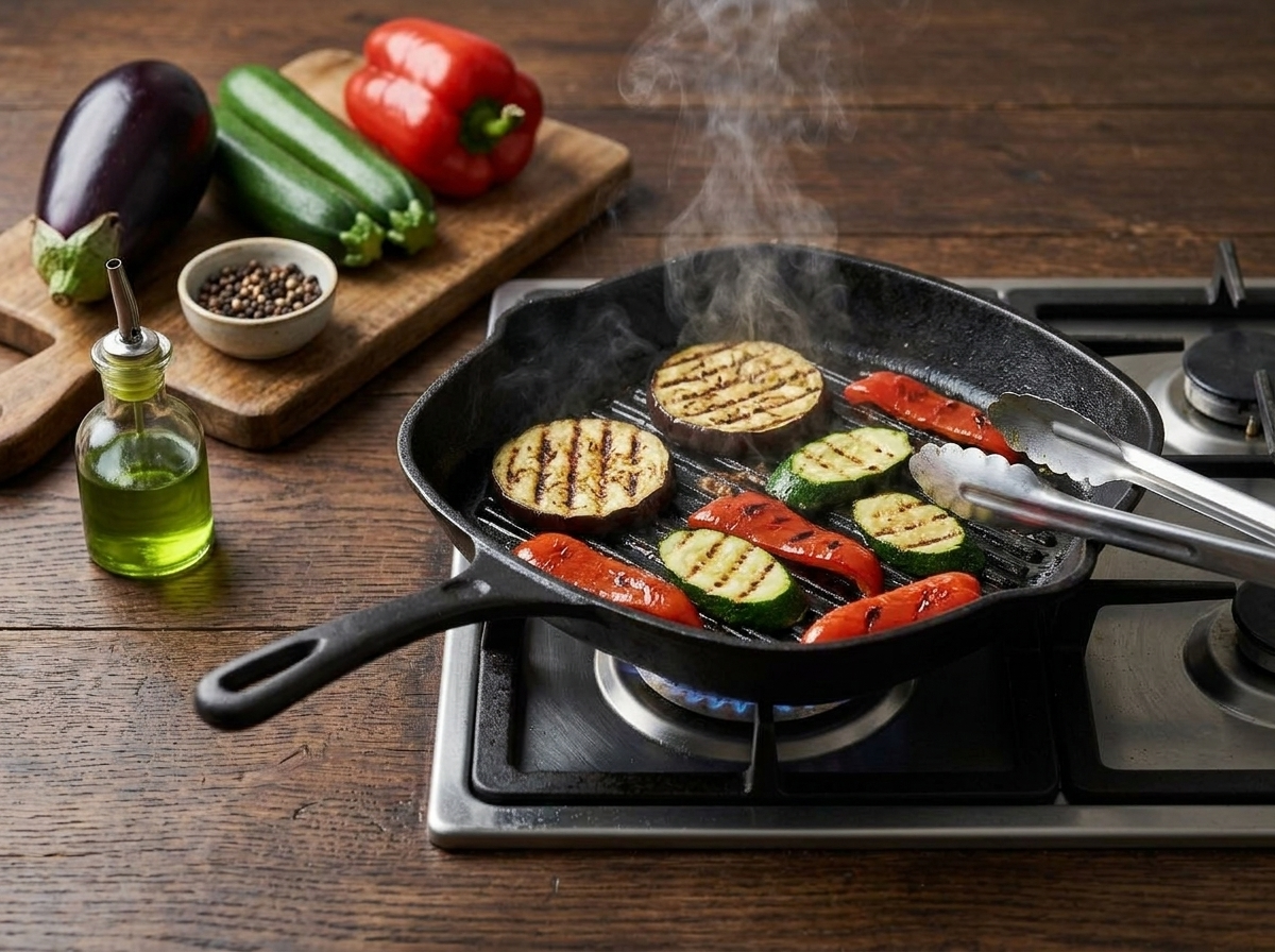 Zucchini and eggplant slices cooking on a grill pan with charred grill marks and rising steam