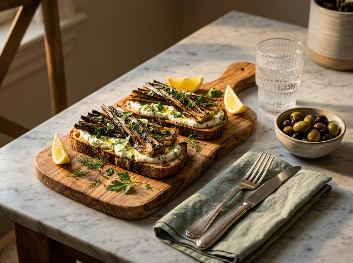 Two charred leek yogurt sandwiches on a wooden board with olives, linen napkin, and window light