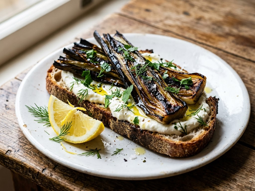 Open-face charred leek yogurt sandwich on sourdough with fresh dill, olive oil drizzle, and lemon wedge