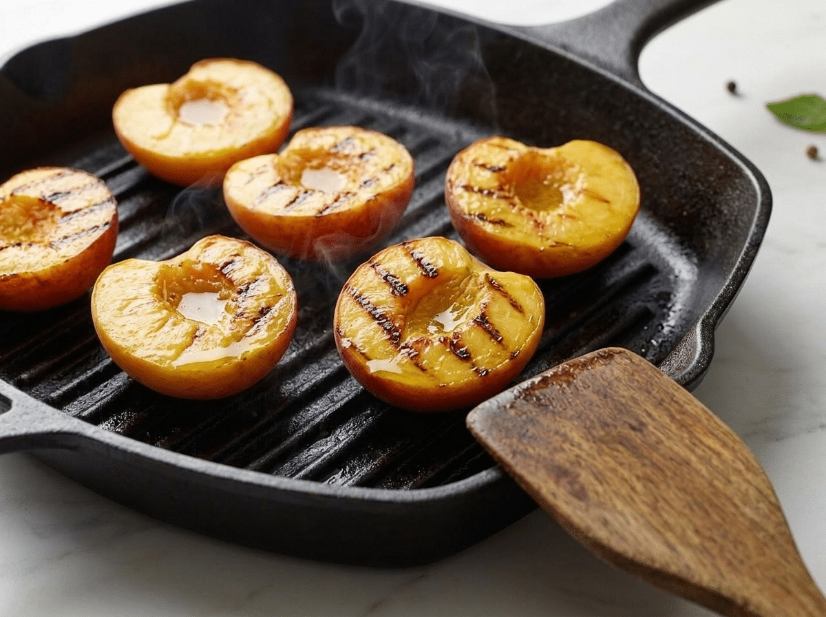 Peach halves grilling cut-side down on a cast iron grill pan with visible char marks forming
