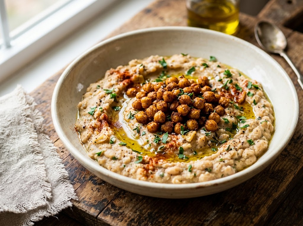 Wide ceramic bowl of smoky white bean mash topped with crispy golden chickpeas, olive oil drizzle, and smoked paprika on a wooden board