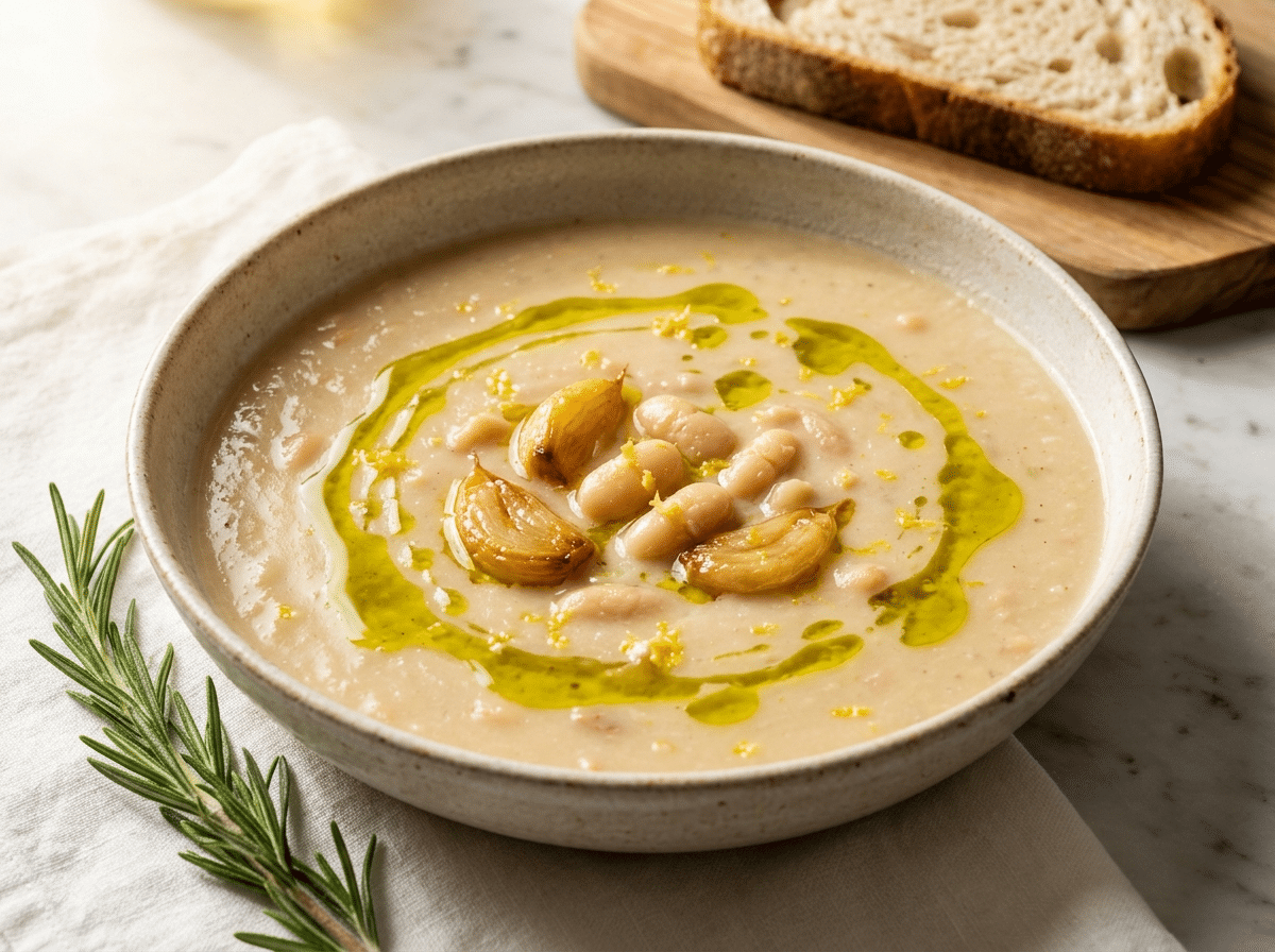 White bean garlic soup in a shallow ceramic bowl with lemon oil drizzle, whole beans, and golden garlic cloves