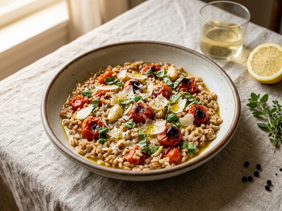 Bowl of herb roasted tomato farro topped with blistered cherry tomatoes, torn basil, and shaved parmesan on a linen tablecloth