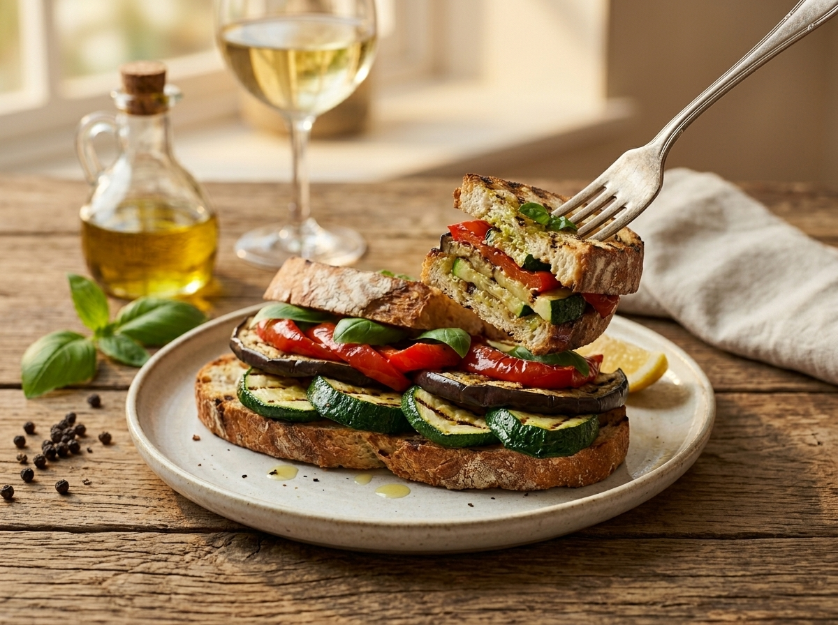 Two grilled vegetable panini on a ceramic plate with a glass of white wine and fresh basil on a linen tablecloth