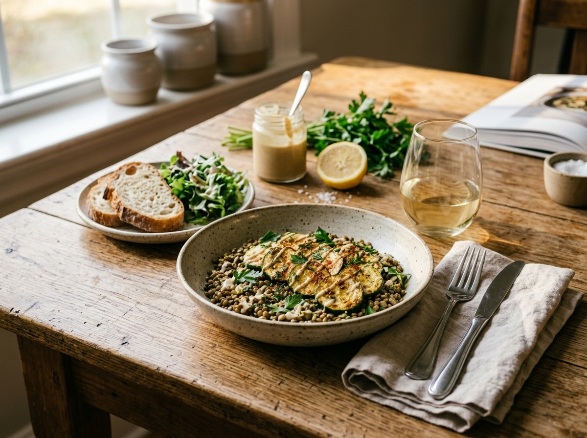 Two lemon lentil zucchini bowls on marble with a glass of white wine and fresh herbs alongside