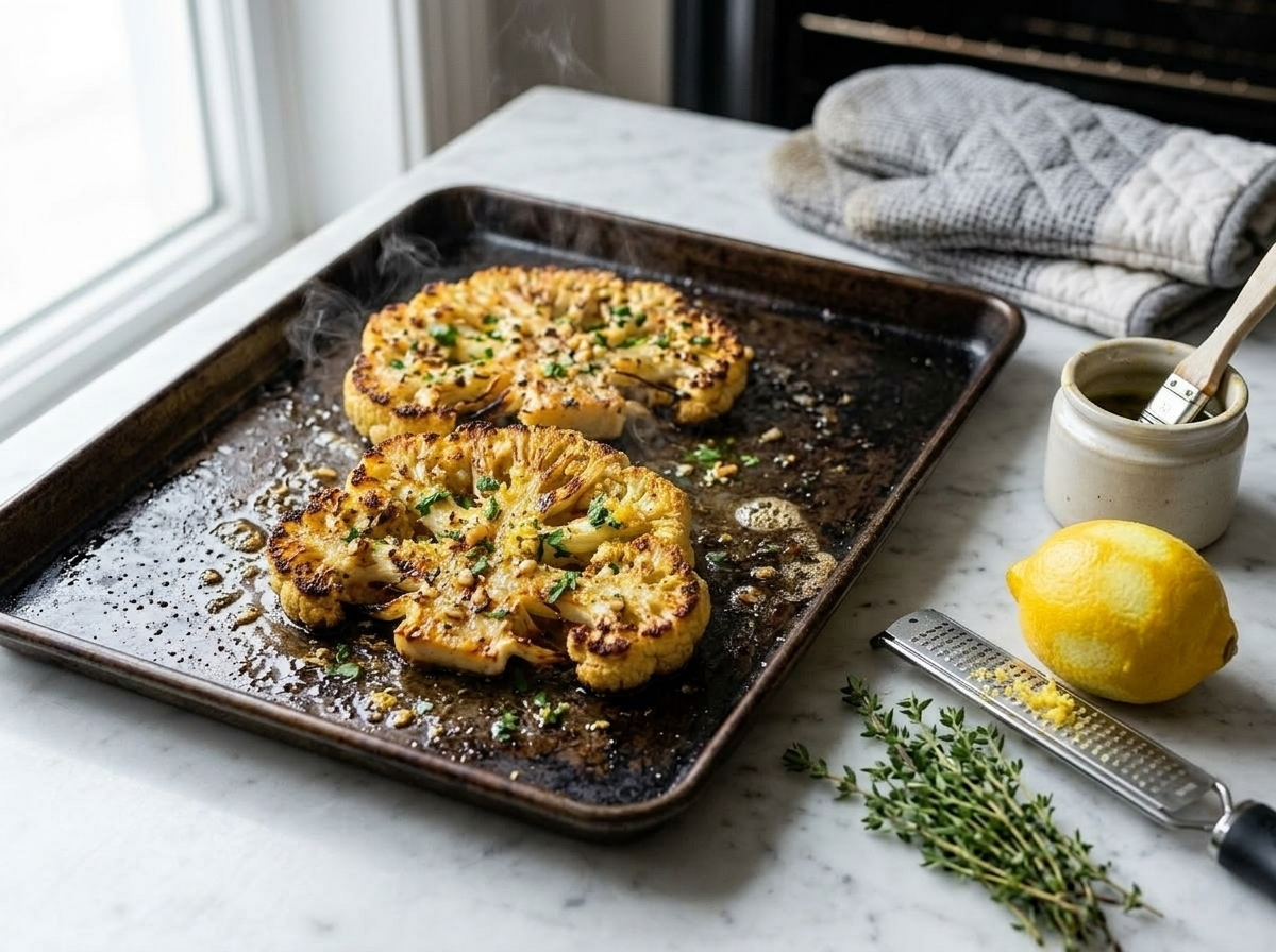 Cauliflower steaks with garlic and smoked paprika marinade sizzling on a hot dark baking sheet fresh from the oven