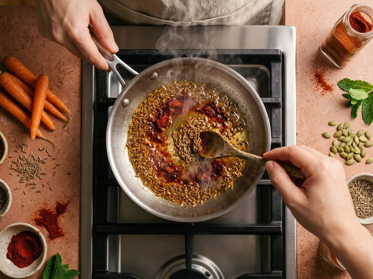 Cumin seeds and smoked paprika blooming in hot olive oil in a small skillet for carrot yogurt plate
