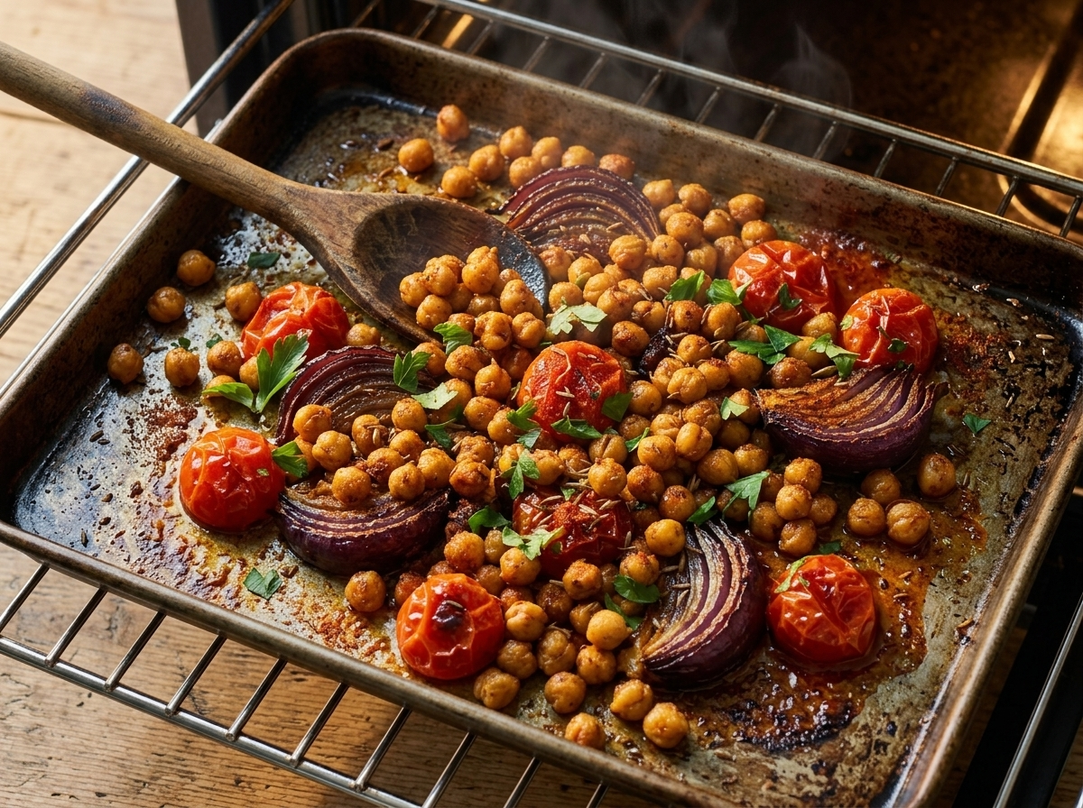 Sheet pan of chickpeas and red onion wedges roasting in the oven with blistered cherry tomatoes added midway