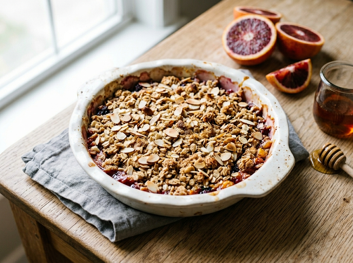 Almond citrus breakfast crumble baked in a white ceramic dish with golden oat topping and bubbling fruit base