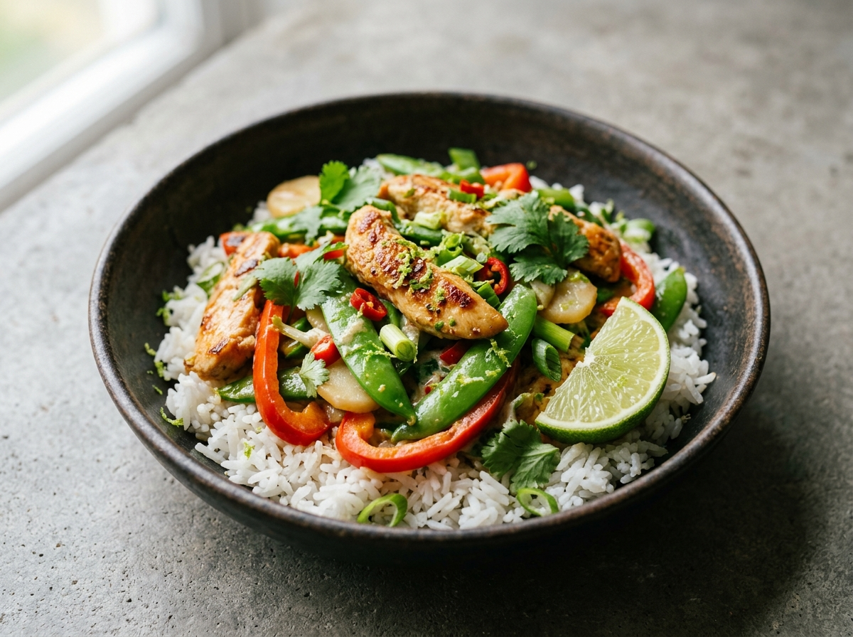 Coconut lime chicken stir fry in a dark bowl over jasmine rice, topped with fresh cilantro and a lime wedge