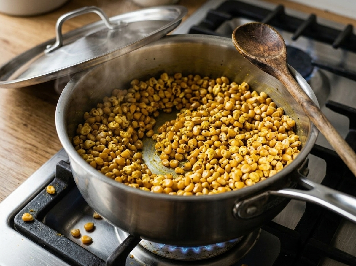 Saucepan with lid ajar showing turmeric-coated popcorn kernels popping on a gas stovetop with a wooden spoon