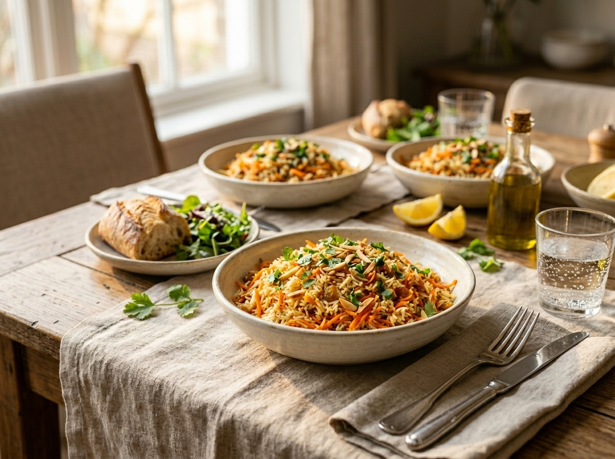Two bowls of spiced carrot almond pilaf served with plain yogurt and lemon wedges on a linen table