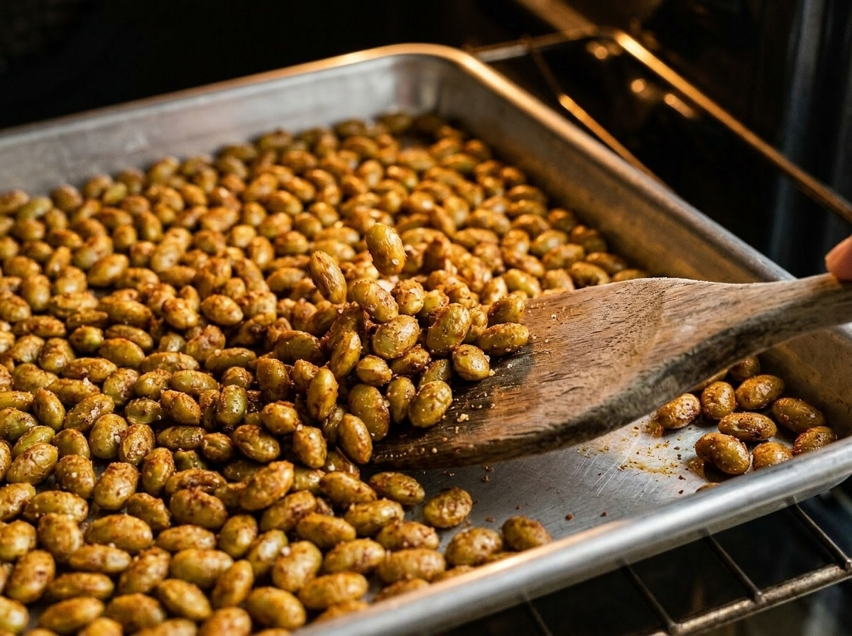 Sheet pan of shelled edamame mid-roast with golden-brown spots, being tossed with a wooden spatula