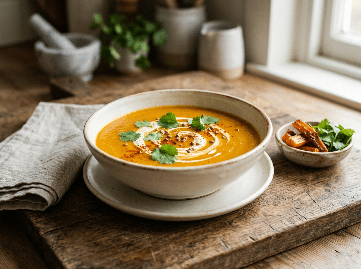 Smooth roasted carrot coriander bisque in a cream bowl, garnished with fresh coriander and a cream swirl on a wooden board