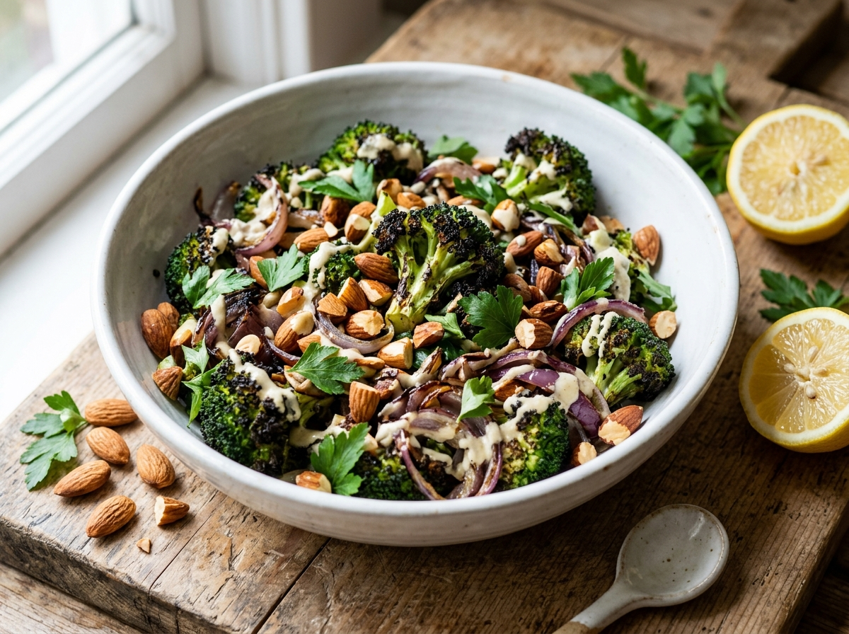 White bowl of charred broccoli almond salad with lemon tahini dressing and fresh parsley on a wooden board