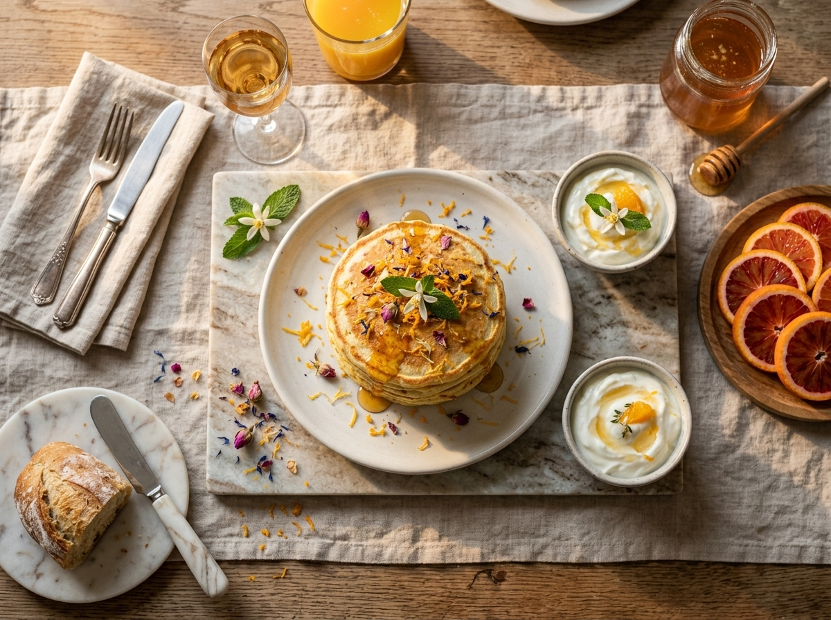 Orange blossom pancakes served with fresh blood oranges, honey, and Greek yogurt on a marble breakfast table