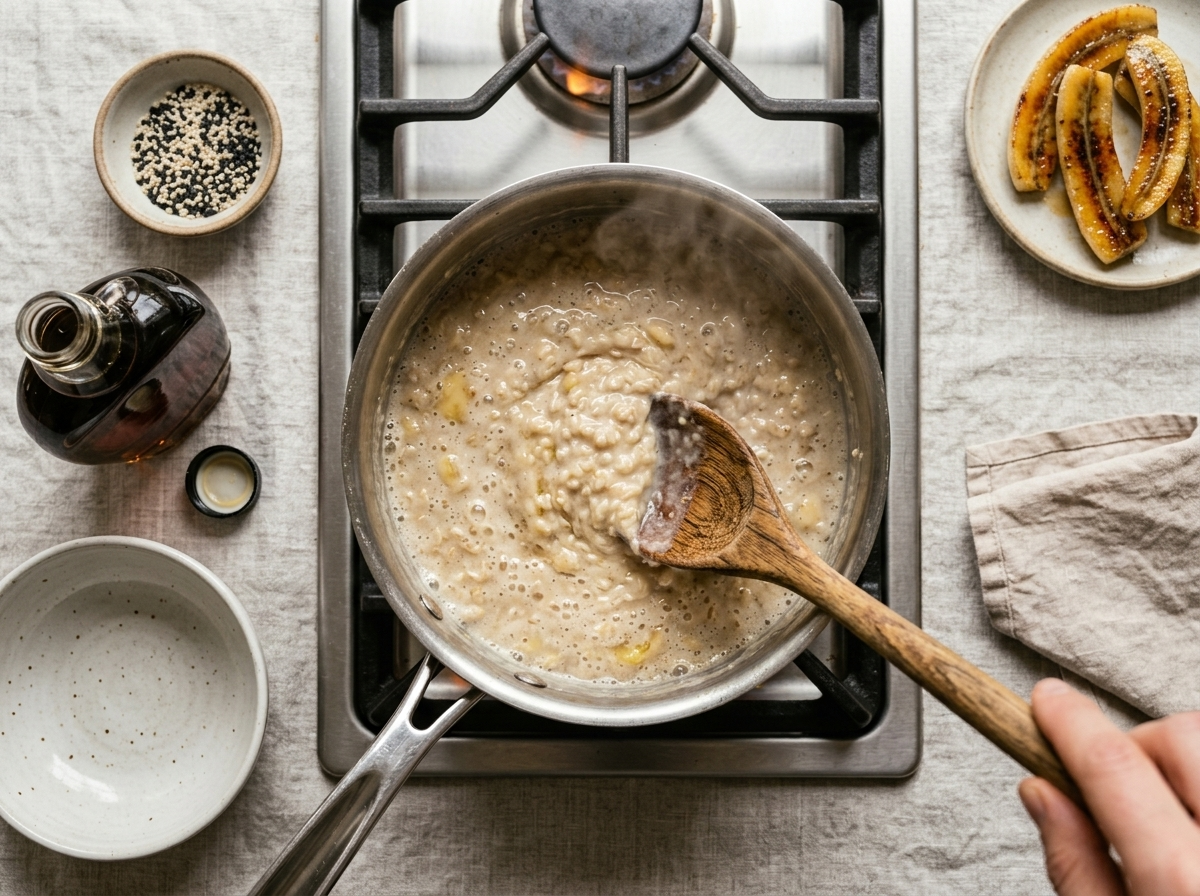 Creamy oat and banana porridge being stirred in a saucepan with a wooden spoon on a stovetop